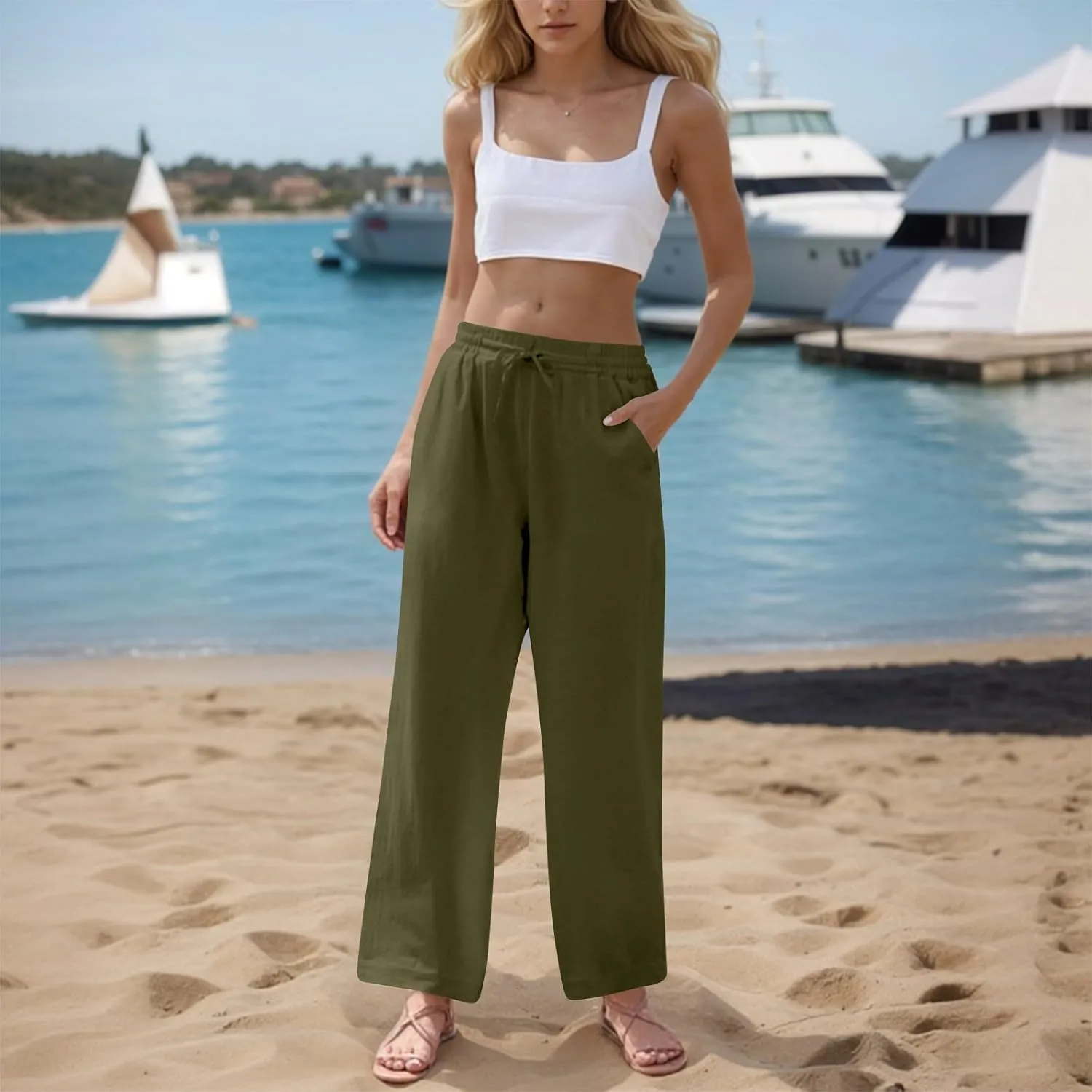 GOFULY Womens Linen Pants Casual Wide Leg 2025 High Rise Pants Drawstring Elastic Waist Summer 2025 Solid Trouser with Pocket