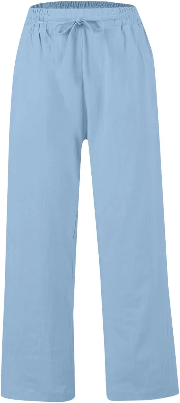 GOFULY Womens Linen Pants Casual Wide Leg 2025 High Rise Pants Drawstring Elastic Waist Summer 2025 Solid Trouser with Pocket