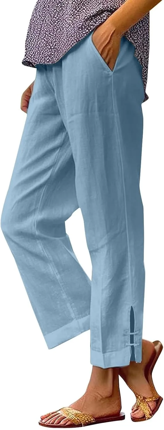 GOFULY Womens Linen Pants Casual Wide Leg High Rise Pants Beach Elastic Waist 2025 Summer Soft Solid Trouser with Pockets