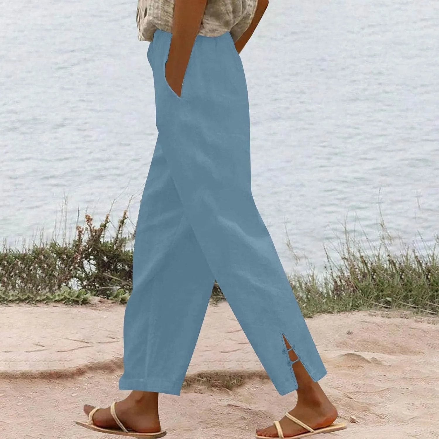 GOFULY Womens Linen Pants Casual Wide Leg High Rise Pants Beach Elastic Waist 2025 Summer Soft Solid Trouser with Pockets