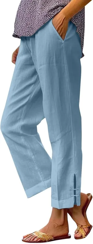 GOFULY Womens Linen Pants Casual Wide Leg High Rise Pants Beach Elastic Waist 2025 Summer Soft Solid Trouser with Pockets