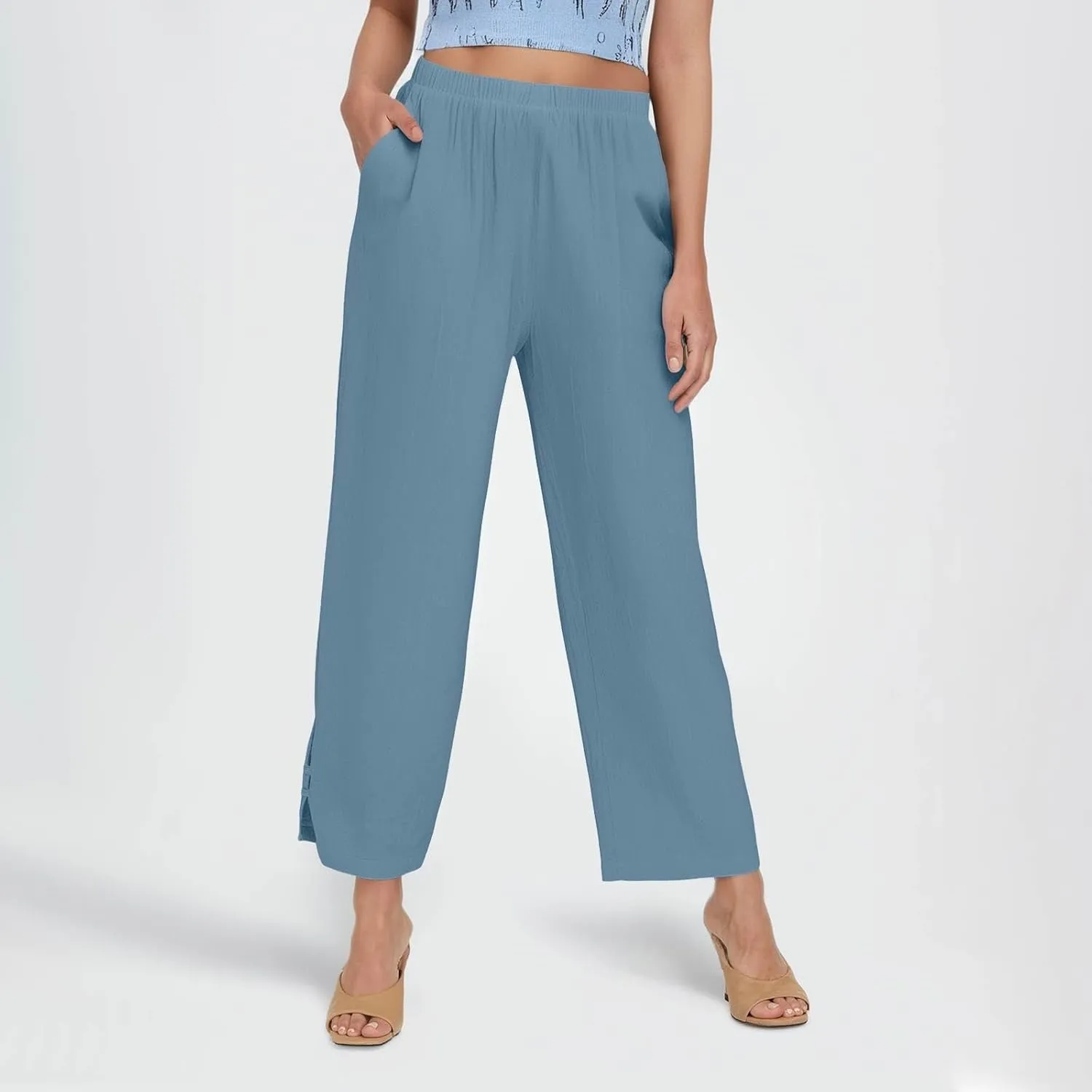 GOFULY Womens Linen Pants Casual Wide Leg High Rise Pants Beach Elastic Waist 2025 Summer Soft Solid Trouser with Pockets