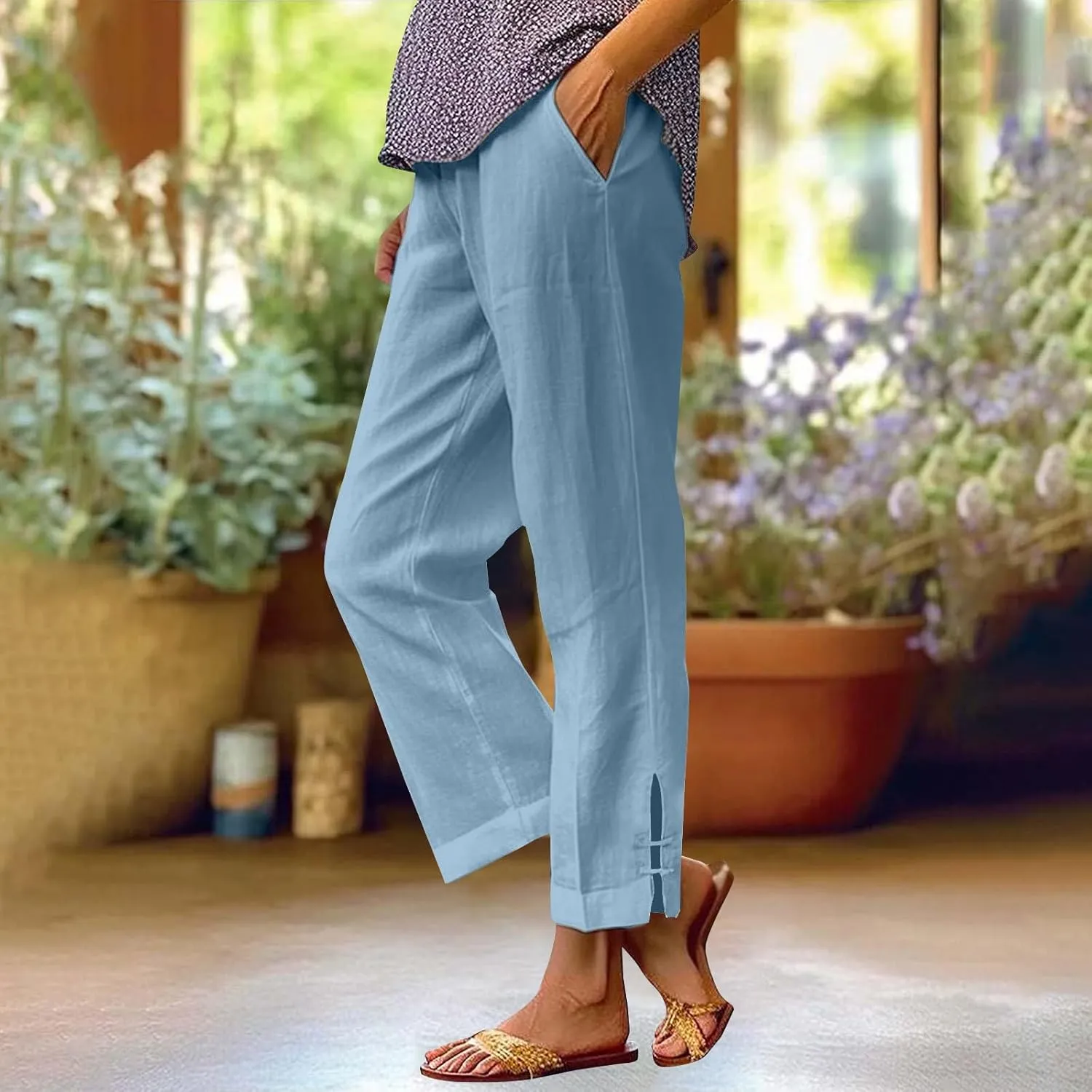 GOFULY Womens Linen Pants Casual Wide Leg High Rise Pants Beach Elastic Waist 2025 Summer Soft Solid Trouser with Pockets