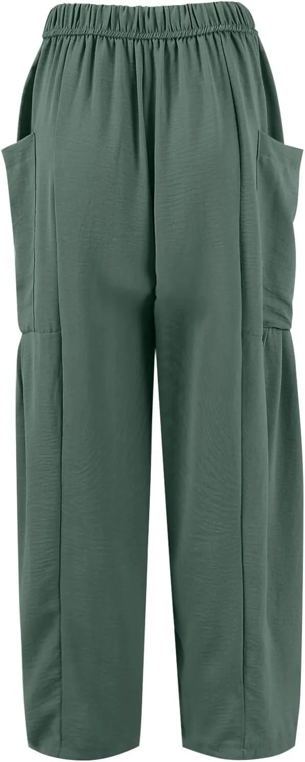 GOFULY Womens Linen Pants Wide Leg Casual High Waisted Casual Pants Drawstring Elastic Waist Summer Solid Clothes Pockets