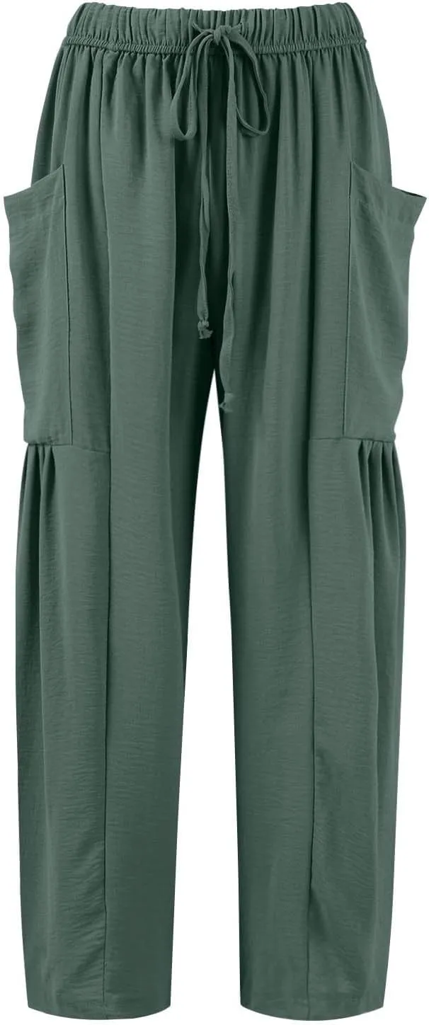 GOFULY Womens Linen Pants Wide Leg Casual High Waisted Casual Pants Drawstring Elastic Waist Summer Solid Clothes Pockets