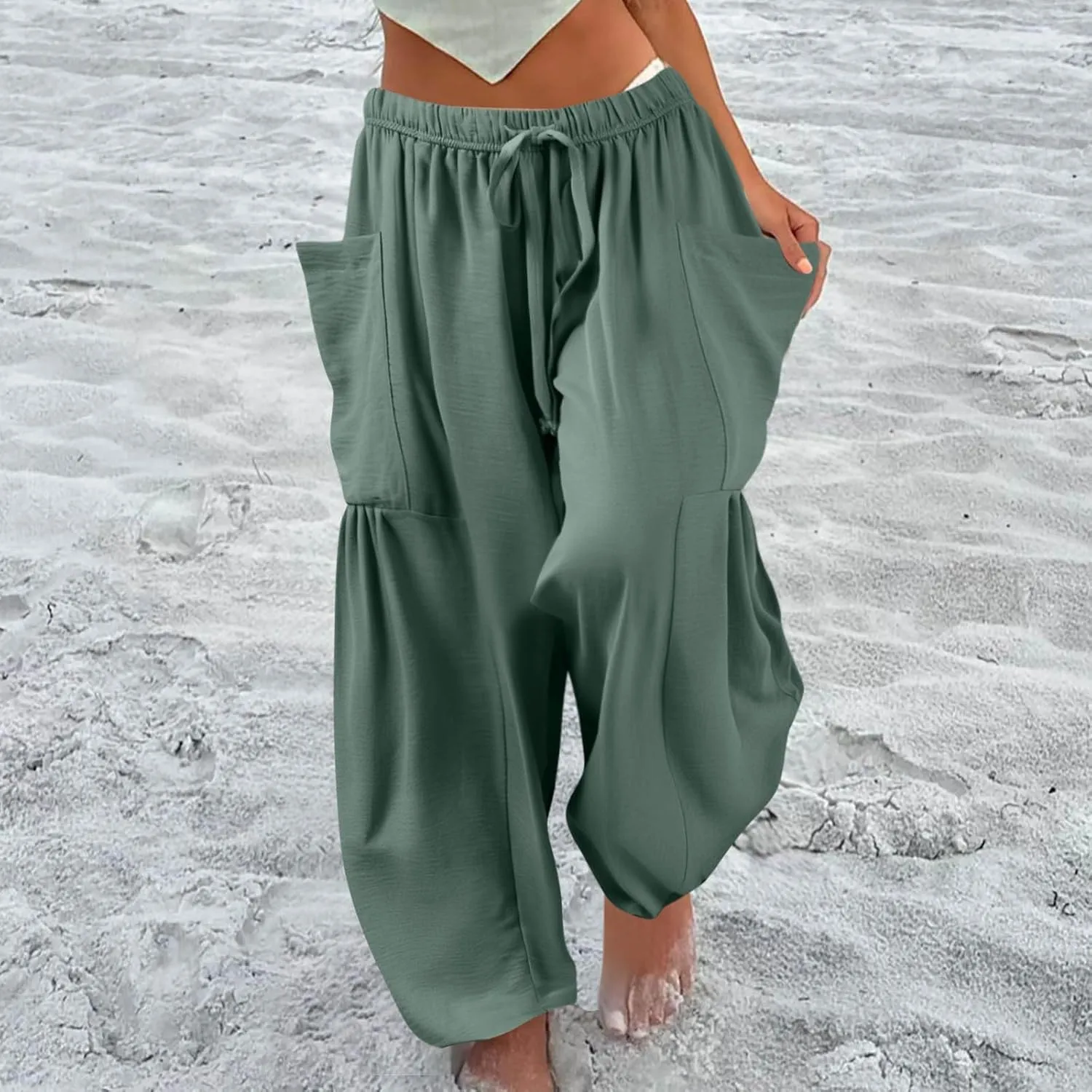 GOFULY Womens Linen Pants Wide Leg Casual High Waisted Casual Pants Drawstring Elastic Waist Summer Solid Clothes Pockets