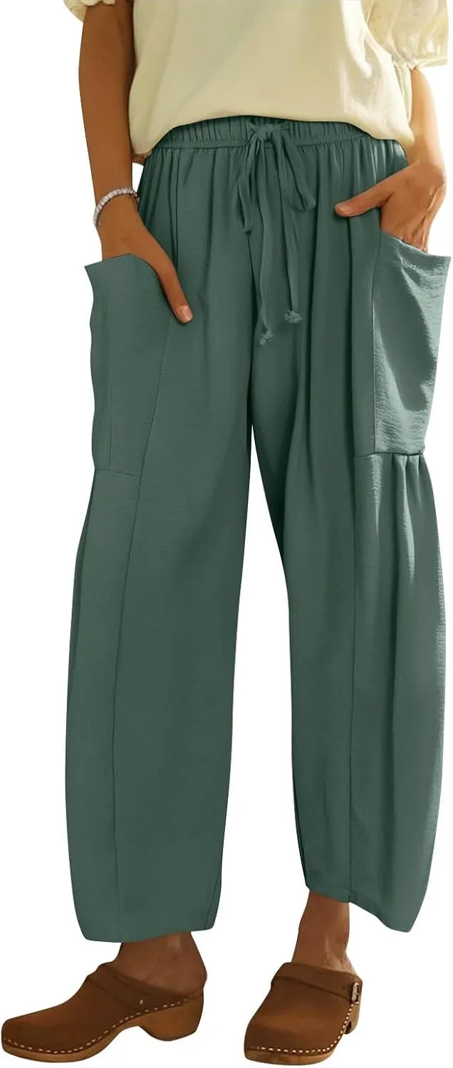 GOFULY Womens Linen Pants Wide Leg Casual High Waisted Casual Pants Drawstring Elastic Waist Summer Solid Clothes Pockets
