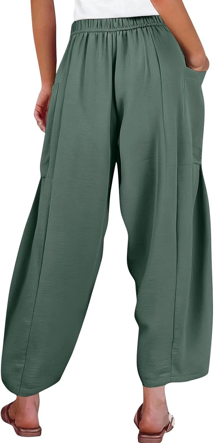 GOFULY Womens Linen Pants Wide Leg Casual High Waisted Casual Pants Drawstring Elastic Waist Summer Solid Clothes Pockets