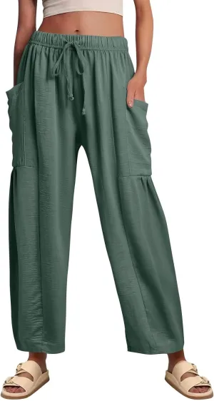 GOFULY Womens Linen Pants Wide Leg Casual High Waisted Casual Pants Drawstring Elastic Waist Summer Solid Clothes Pockets