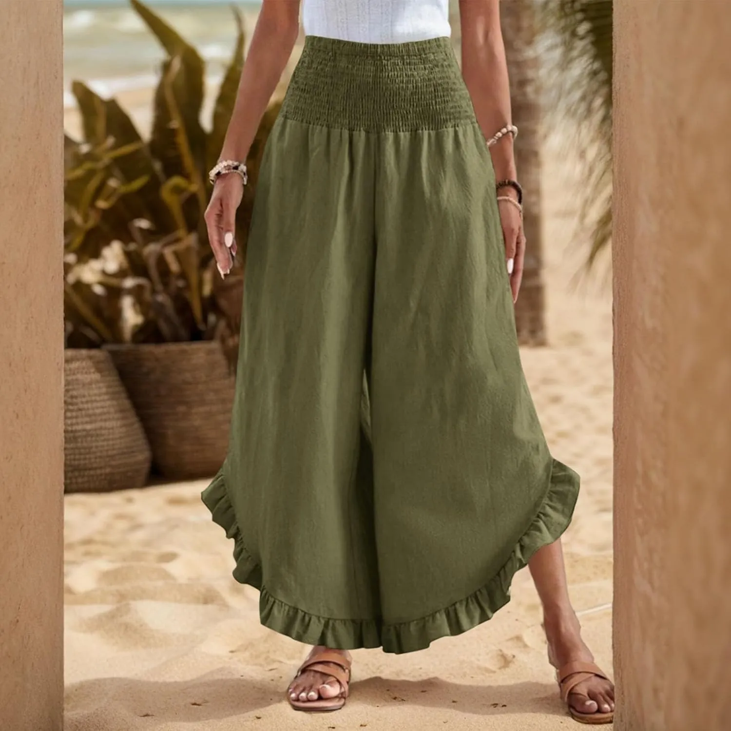 GOFULY Womens Pants Linen Wide Leg Summer Vacation High Waisted Palazzo Pants Elastic Waist Loose Solid Clothes with Pockets