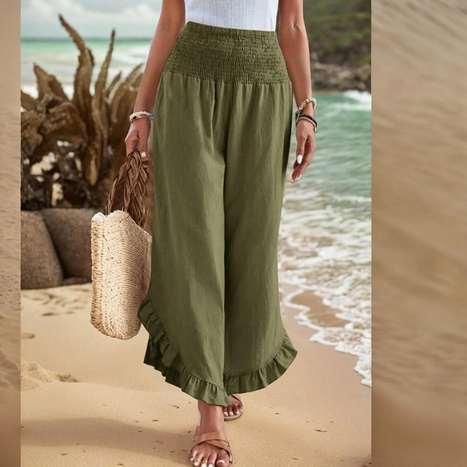 GOFULY Womens Pants Linen Wide Leg Summer Vacation High Waisted Palazzo Pants Elastic Waist Loose Solid Clothes with Pockets