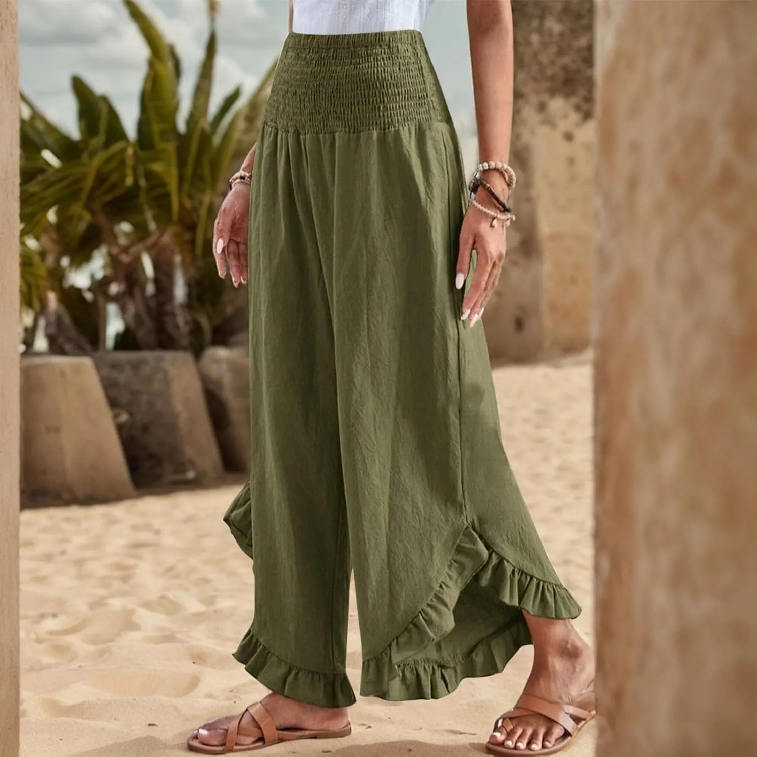 GOFULY Womens Pants Linen Wide Leg Summer Vacation High Waisted Palazzo Pants Elastic Waist Loose Solid Clothes with Pockets
