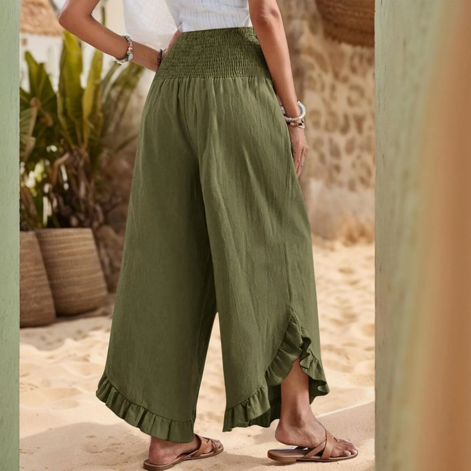 GOFULY Womens Pants Linen Wide Leg Summer Vacation High Waisted Palazzo Pants Elastic Waist Loose Solid Clothes with Pockets