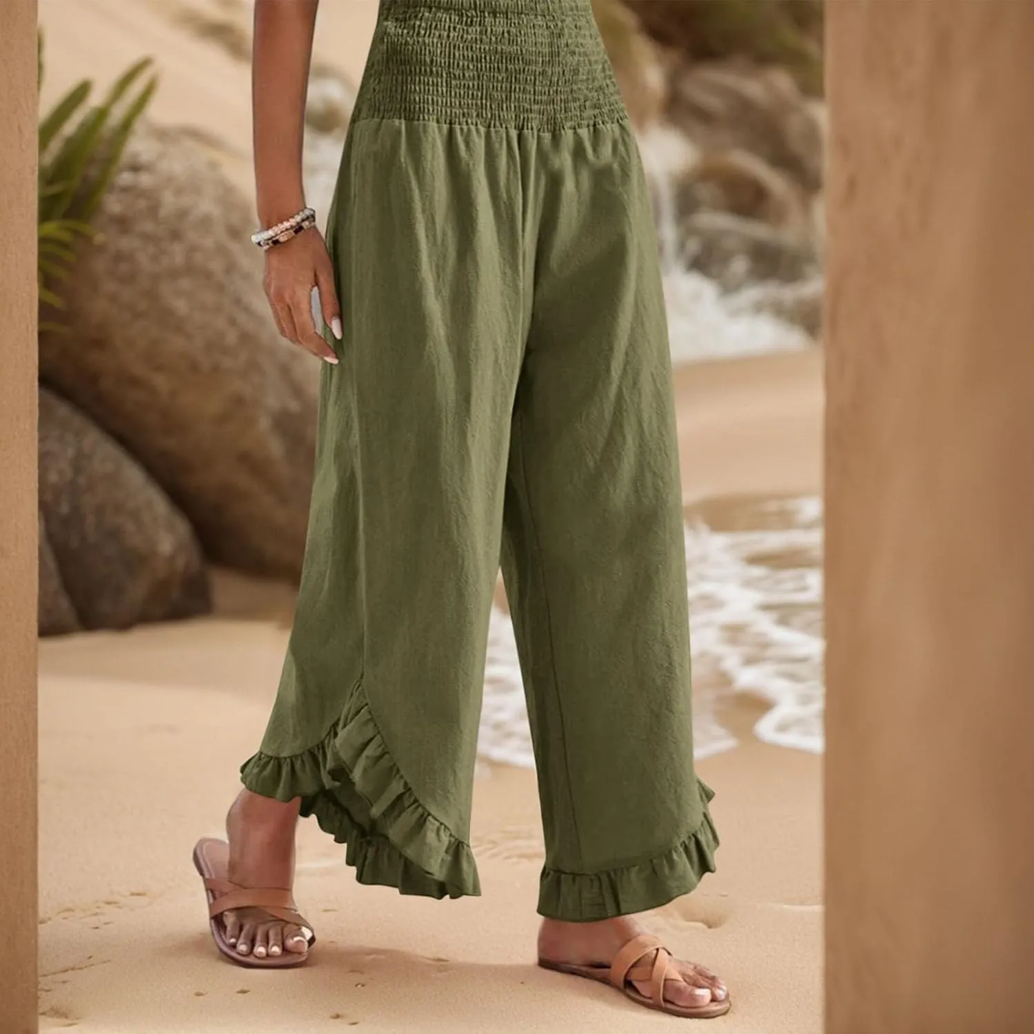 GOFULY Womens Pants Linen Wide Leg Summer Vacation High Waisted Palazzo Pants Elastic Waist Loose Solid Clothes with Pockets