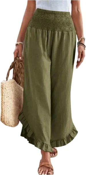 GOFULY Womens Pants Linen Wide Leg Summer Vacation High Waisted Palazzo Pants Elastic Waist Loose Solid Clothes with Pockets