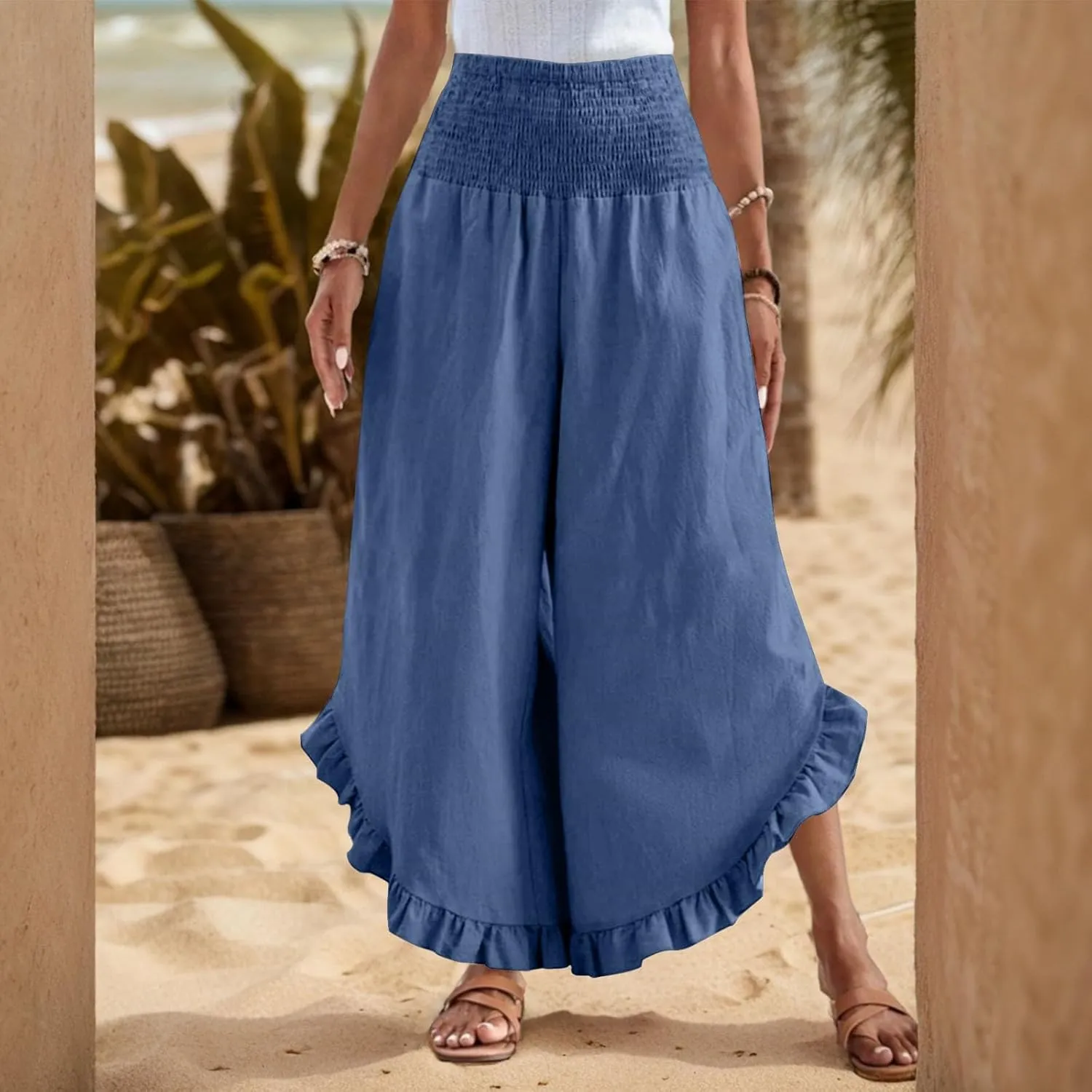 GOFULY Womens Wide Leg Pants Cotton Linen Vacation Summer Elastic Waist Pants High Waisted 2025 Pockets Cropped Solid Trouser