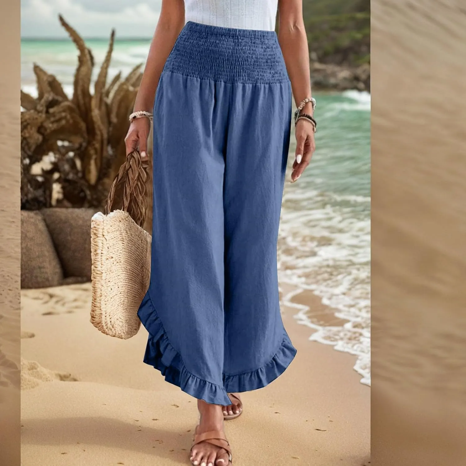 GOFULY Womens Wide Leg Pants Cotton Linen Vacation Summer Elastic Waist Pants High Waisted 2025 Pockets Cropped Solid Trouser