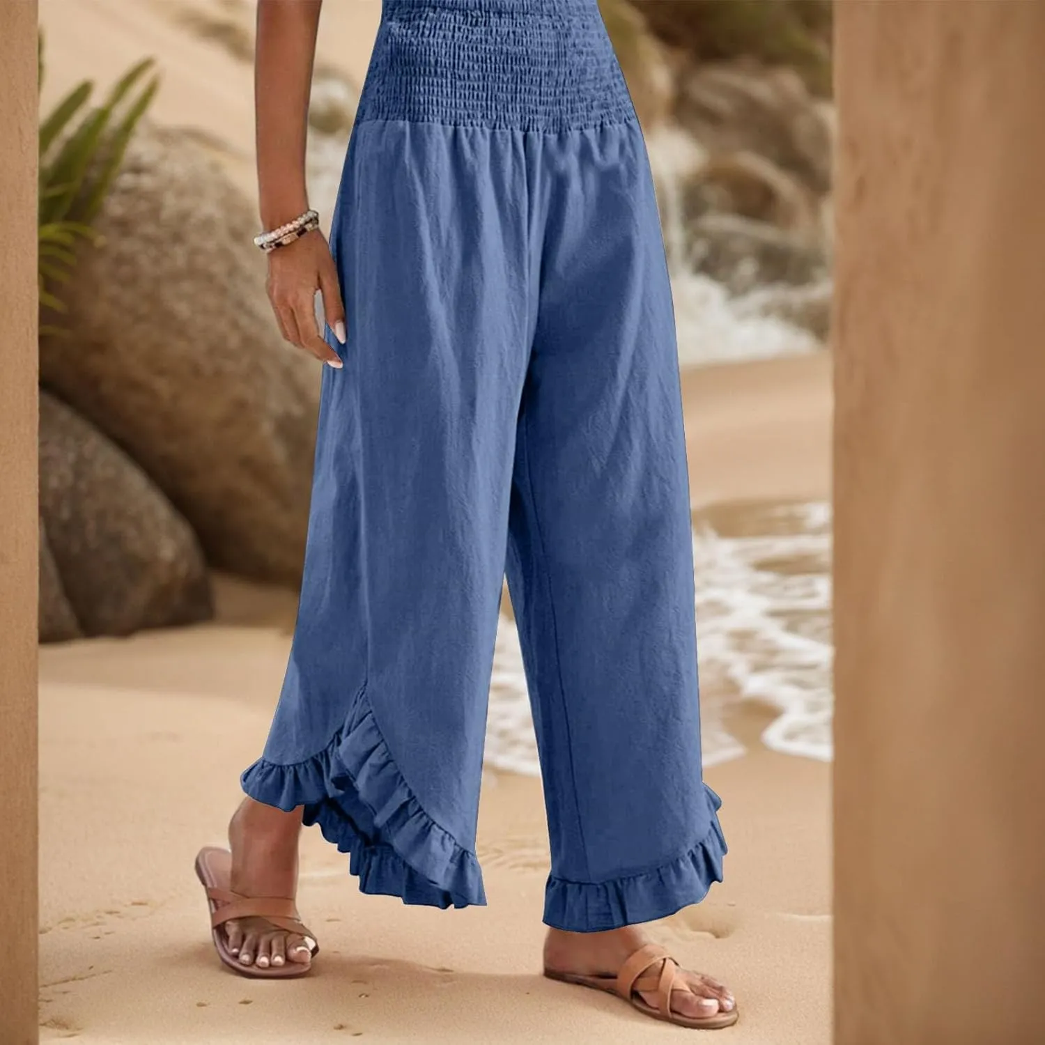 GOFULY Womens Wide Leg Pants Cotton Linen Vacation Summer Elastic Waist Pants High Waisted 2025 Pockets Cropped Solid Trouser