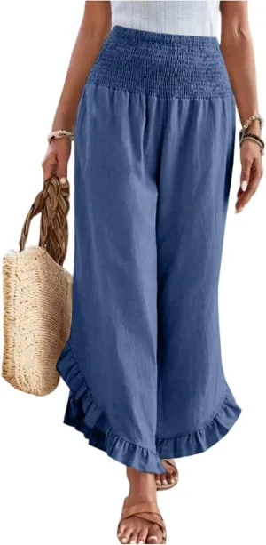 GOFULY Womens Wide Leg Pants Cotton Linen Vacation Summer Elastic Waist Pants High Waisted 2025 Pockets Cropped Solid Trouser