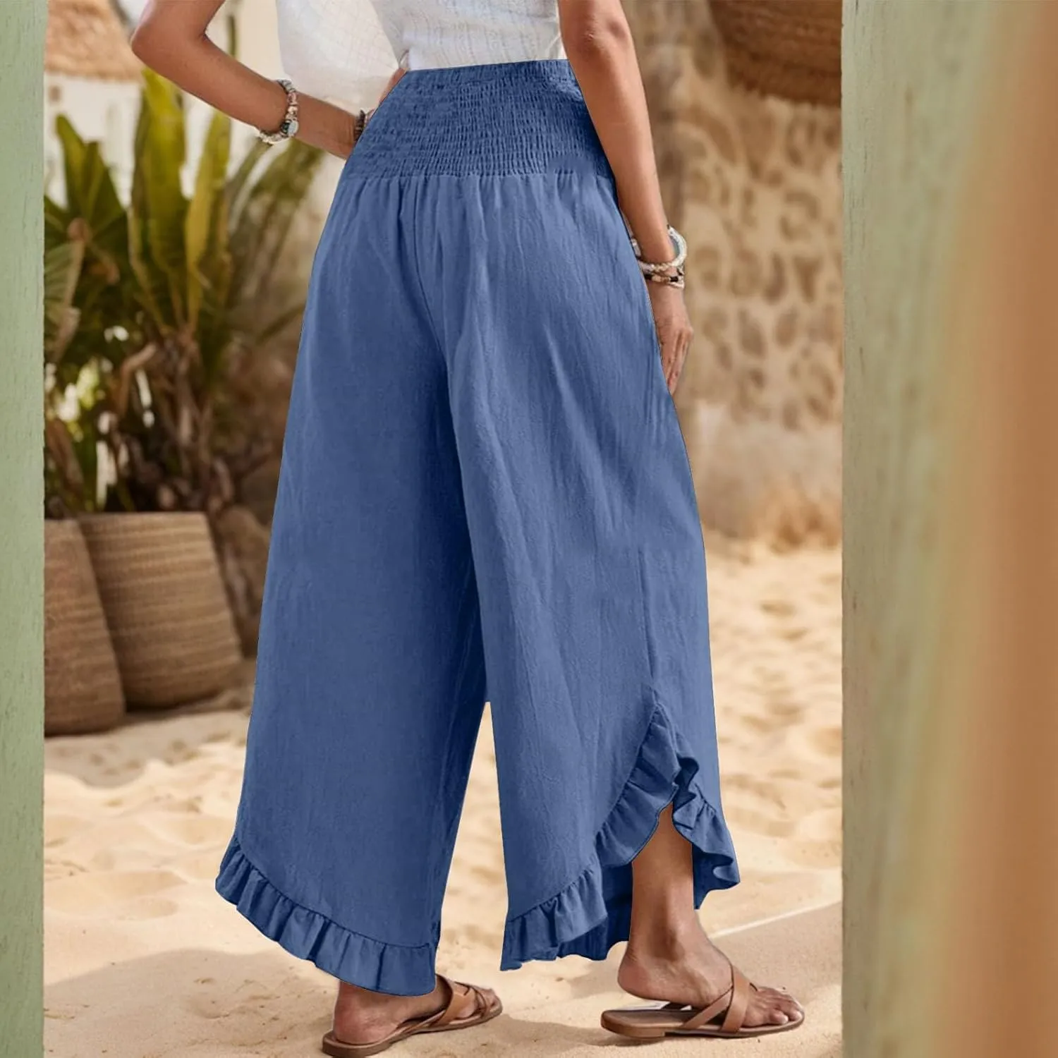 GOFULY Womens Wide Leg Pants Cotton Linen Vacation Summer Elastic Waist Pants High Waisted 2025 Pockets Cropped Solid Trouser