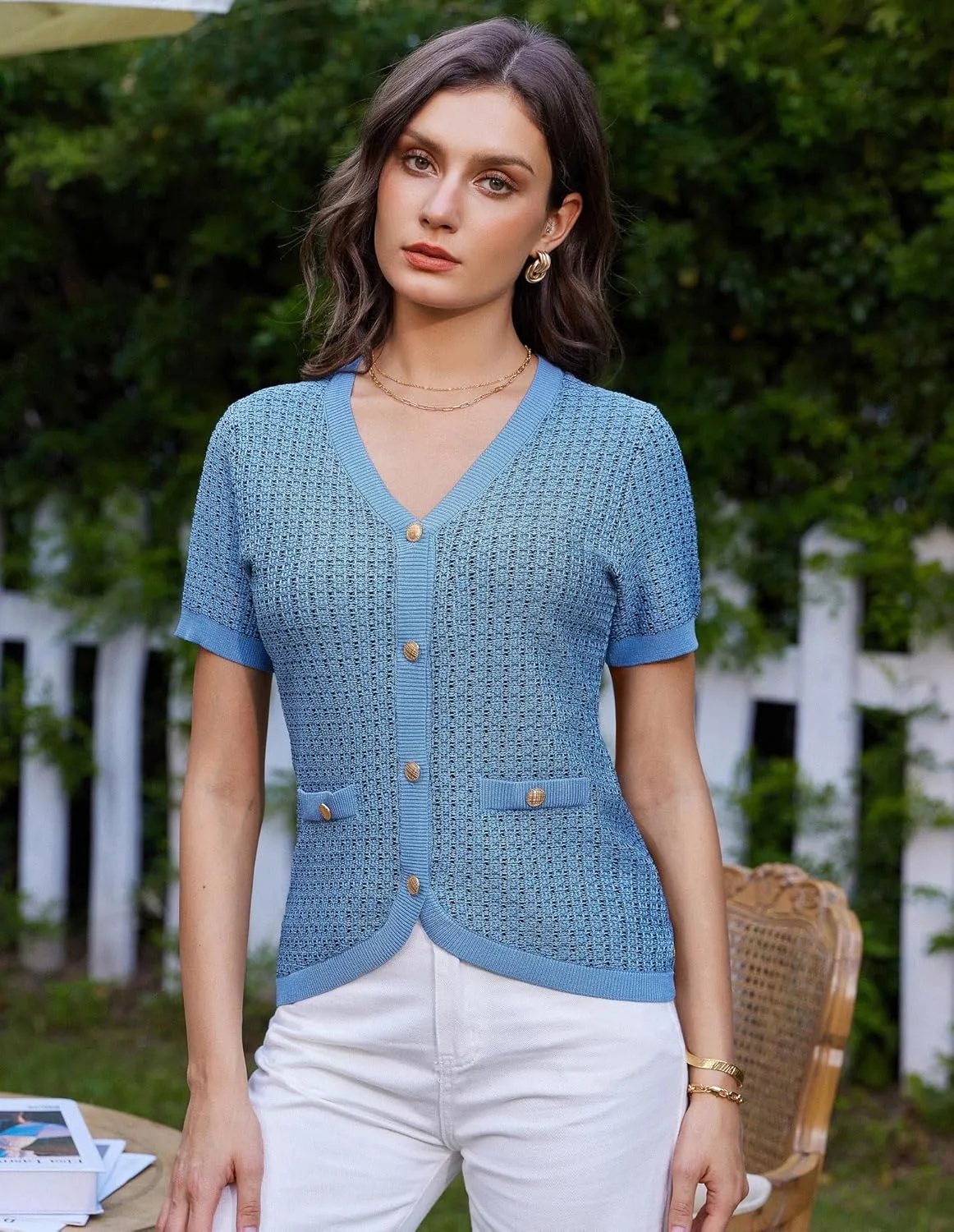 GRACE KARIN Womens Summer Cardigan Sweater 2025 Button Down Short Sleeve Cropped Lightweight V Neck Elegant Tweed Tops