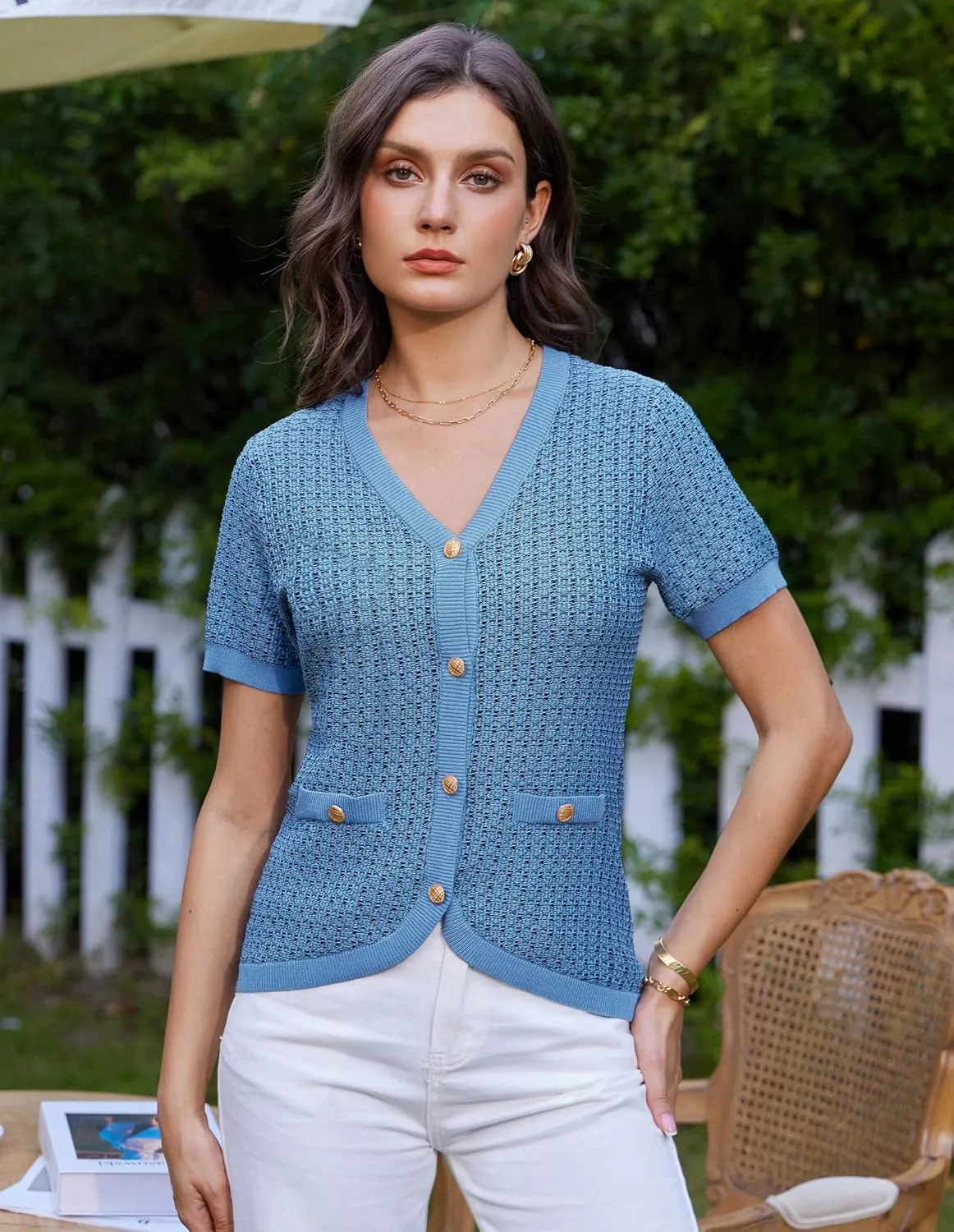 GRACE KARIN Womens Summer Cardigan Sweater 2025 Button Down Short Sleeve Cropped Lightweight V Neck Elegant Tweed Tops