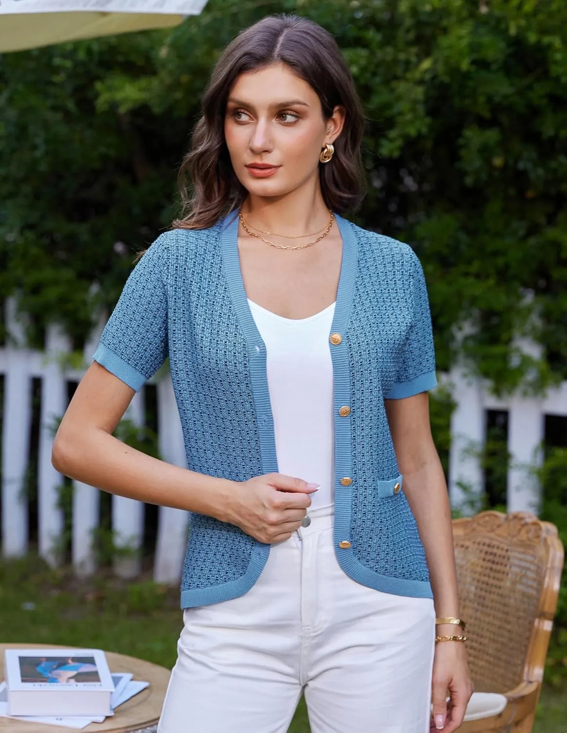 GRACE KARIN Womens Summer Cardigan Sweater 2025 Button Down Short Sleeve Cropped Lightweight V Neck Elegant Tweed Tops
