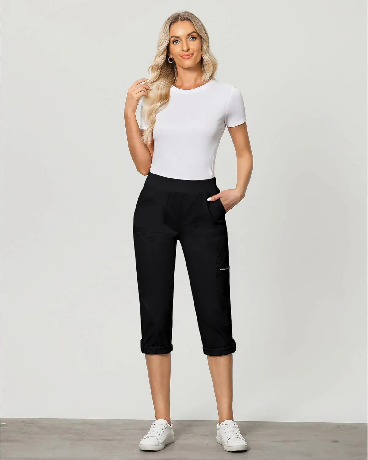 GRAPENT Capri Cargo Pants for Women High Waisted Pull On Elastic Waist Stretch Twill Fold Hem Capris Pants with Pockets