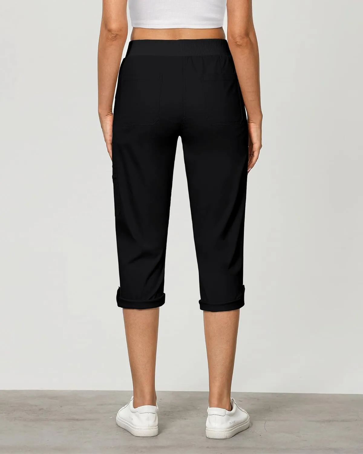 GRAPENT Capri Cargo Pants for Women High Waisted Pull On Elastic Waist Stretch Twill Fold Hem Capris Pants with Pockets