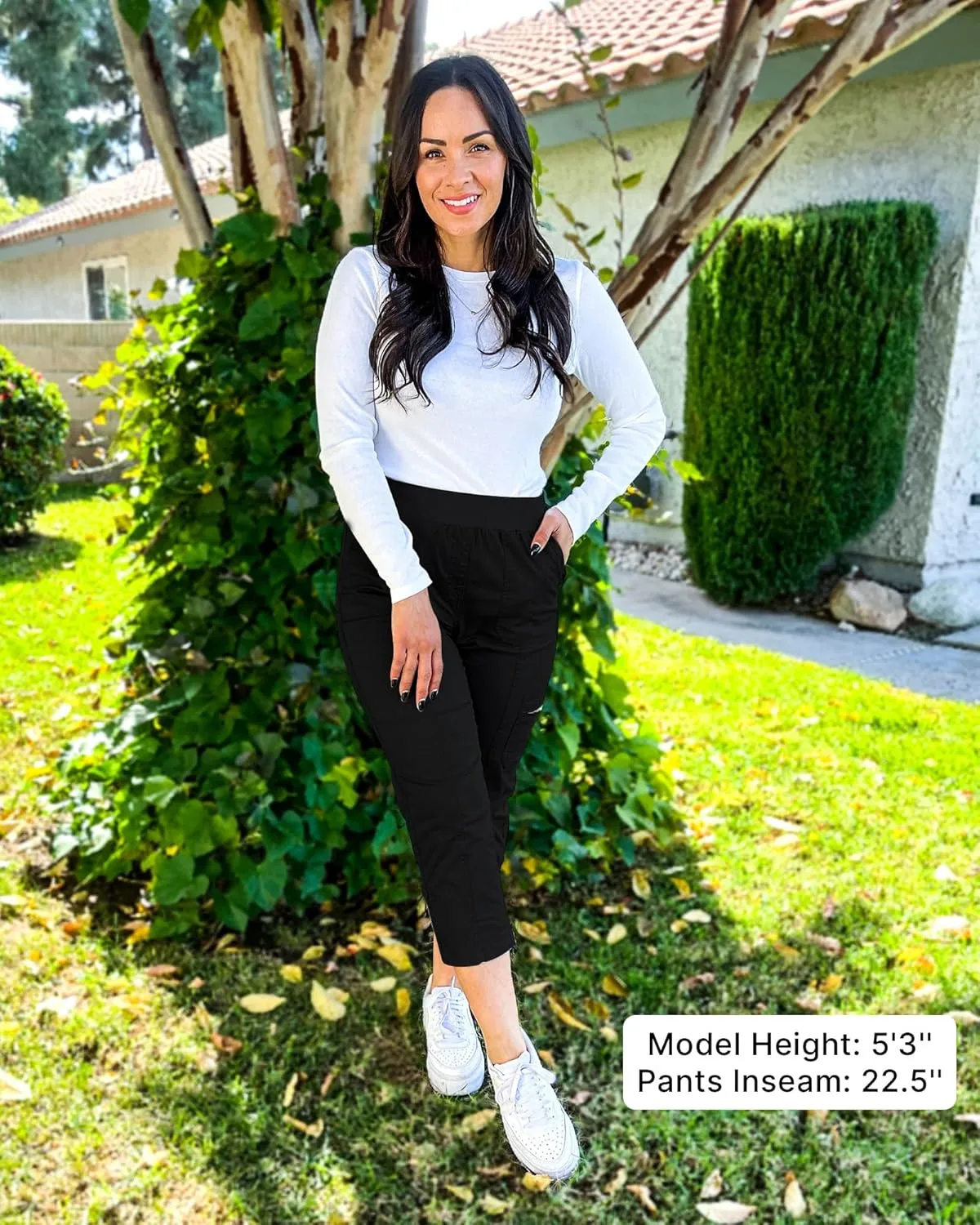 GRAPENT Capri Cargo Pants for Women High Waisted Pull On Elastic Waist Stretch Twill Fold Hem Capris Pants with Pockets