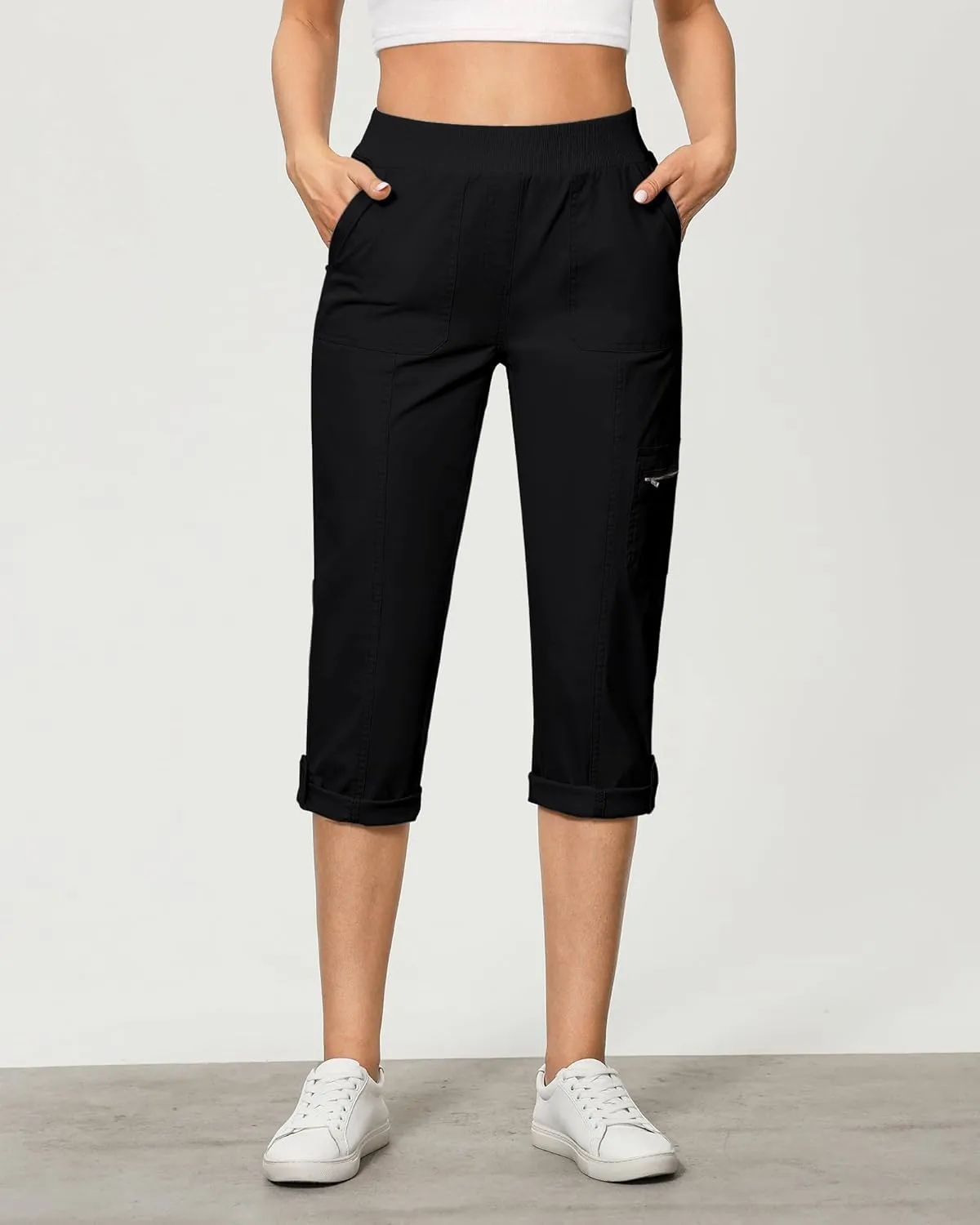 GRAPENT Capri Cargo Pants for Women High Waisted Pull On Elastic Waist Stretch Twill Fold Hem Capris Pants with Pockets