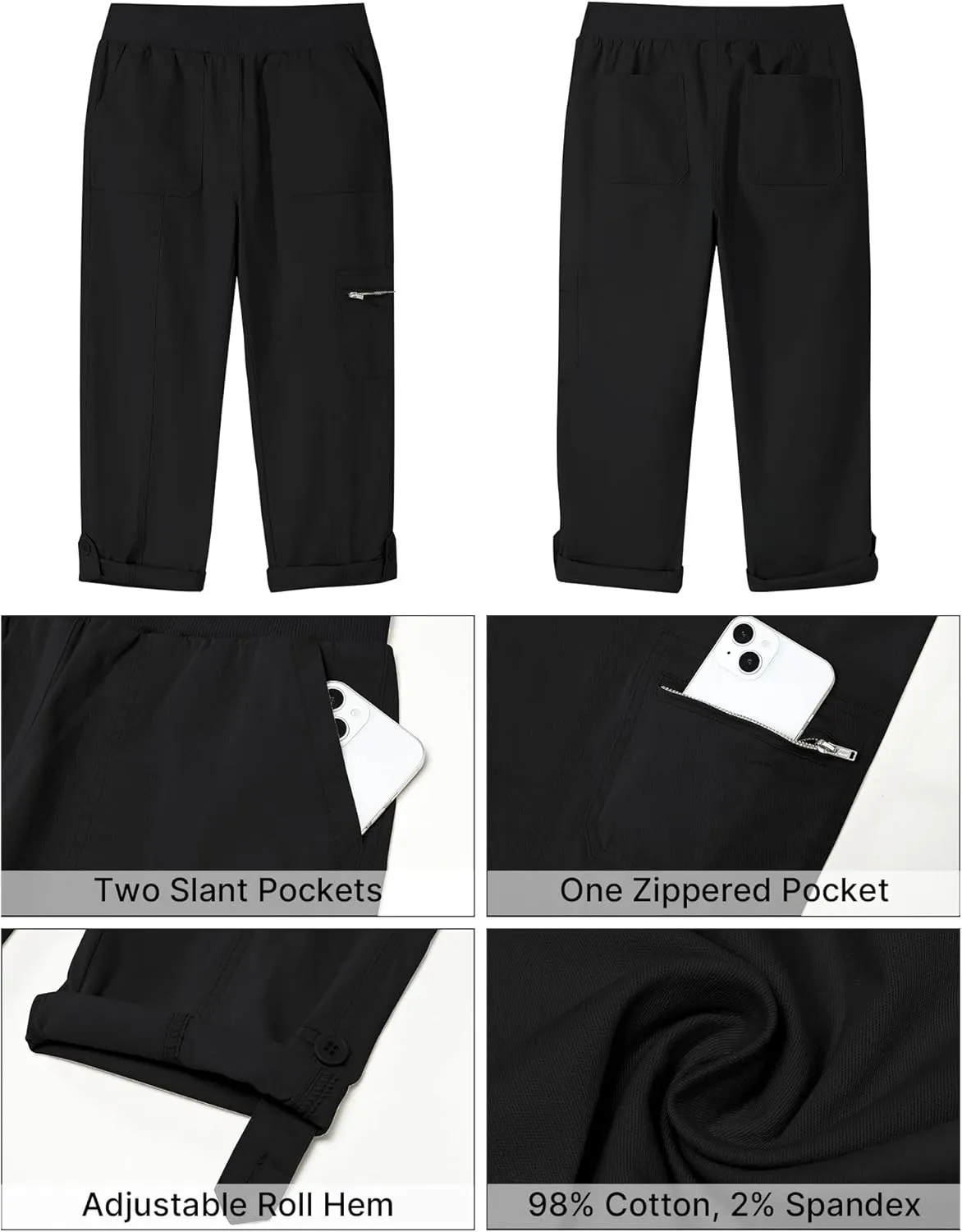 GRAPENT Capri Cargo Pants for Women High Waisted Pull On Elastic Waist Stretch Twill Fold Hem Capris Pants with Pockets