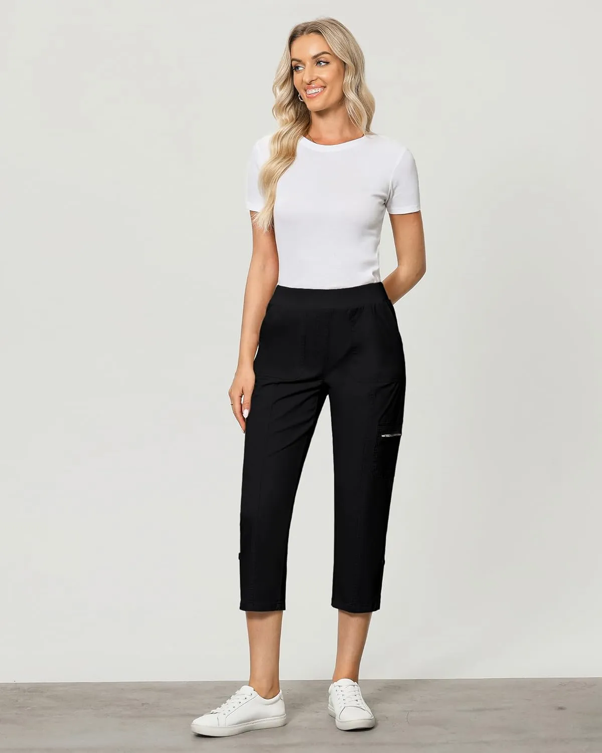 GRAPENT Capri Cargo Pants for Women High Waisted Pull On Elastic Waist Stretch Twill Fold Hem Capris Pants with Pockets