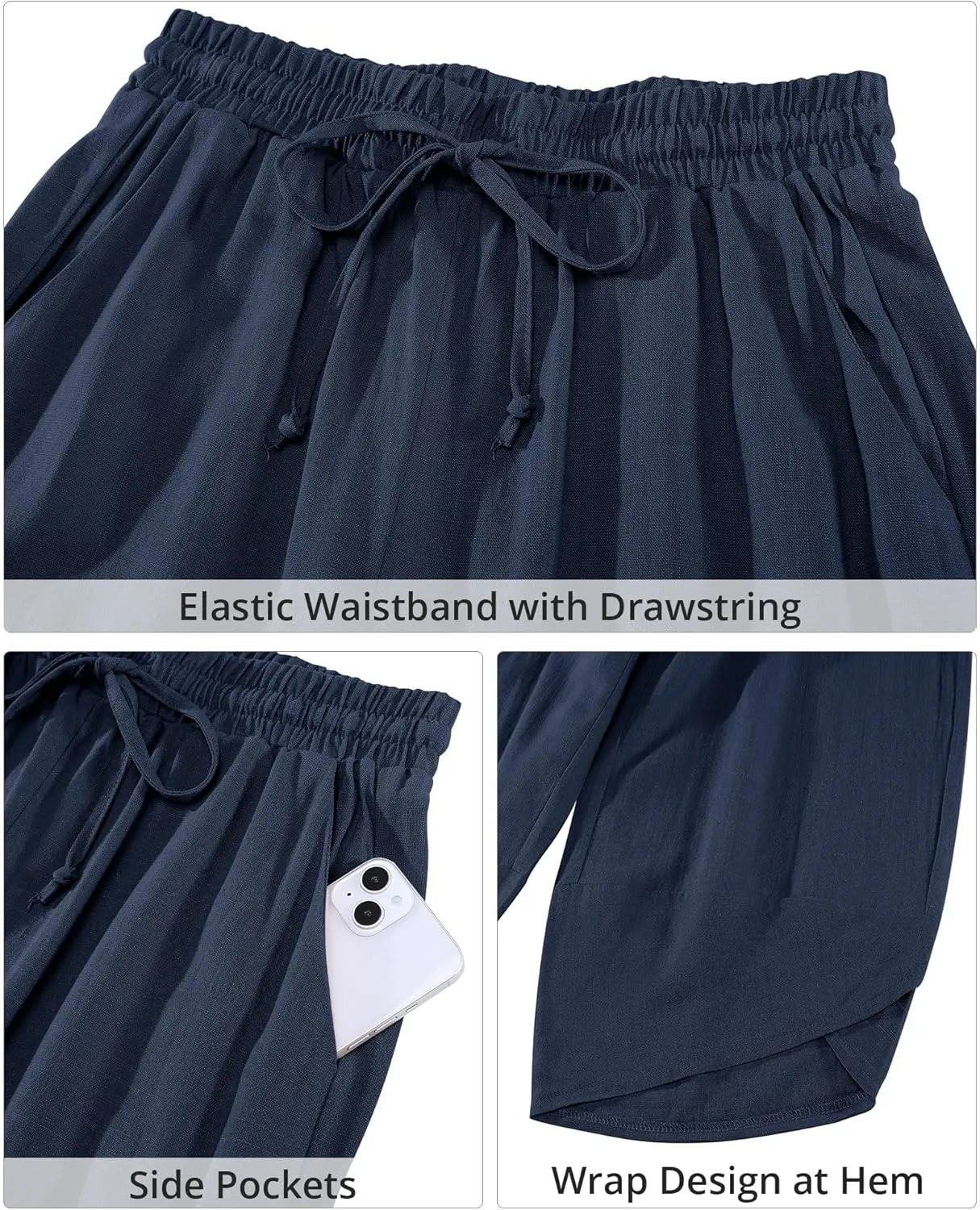 GRAPENT Linen Pants Women High Waisted Wide Leg Casual Beach Pull On Elastic Waist Summer Cropped Pants with Pockets