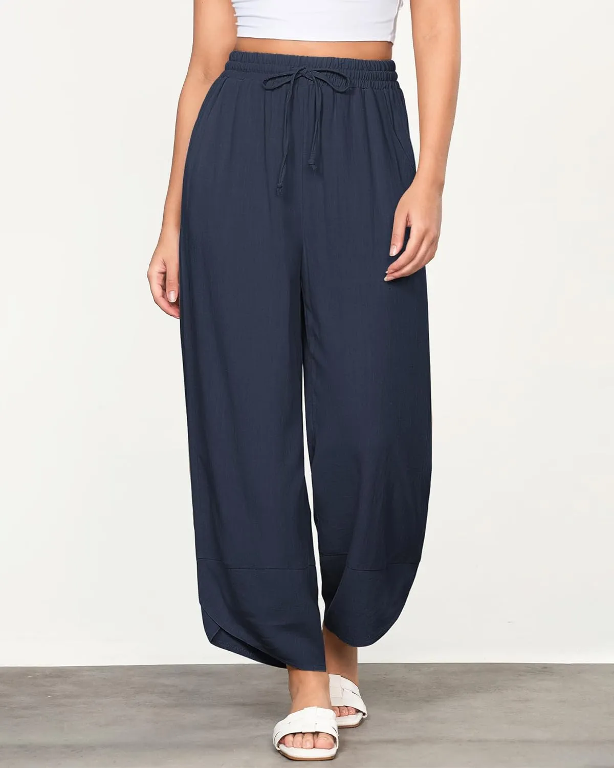 GRAPENT Linen Pants Women High Waisted Wide Leg Casual Beach Pull On Elastic Waist Summer Cropped Pants with Pockets