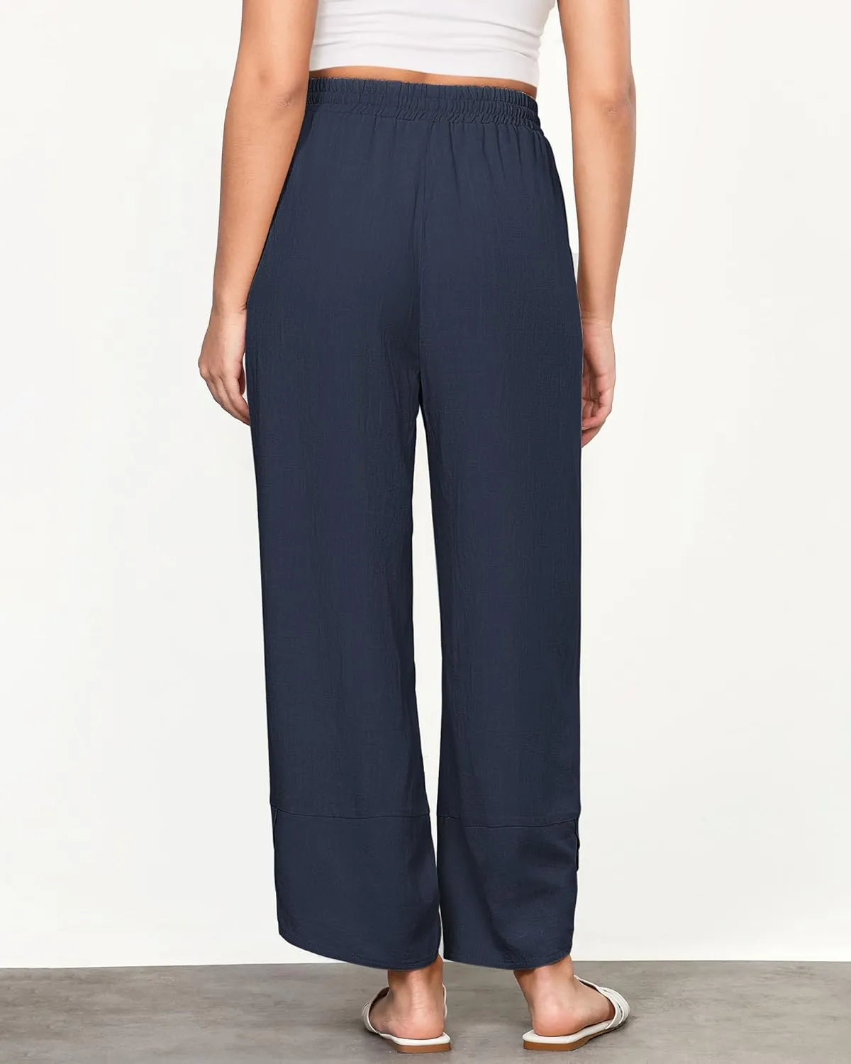 GRAPENT Linen Pants Women High Waisted Wide Leg Casual Beach Pull On Elastic Waist Summer Cropped Pants with Pockets
