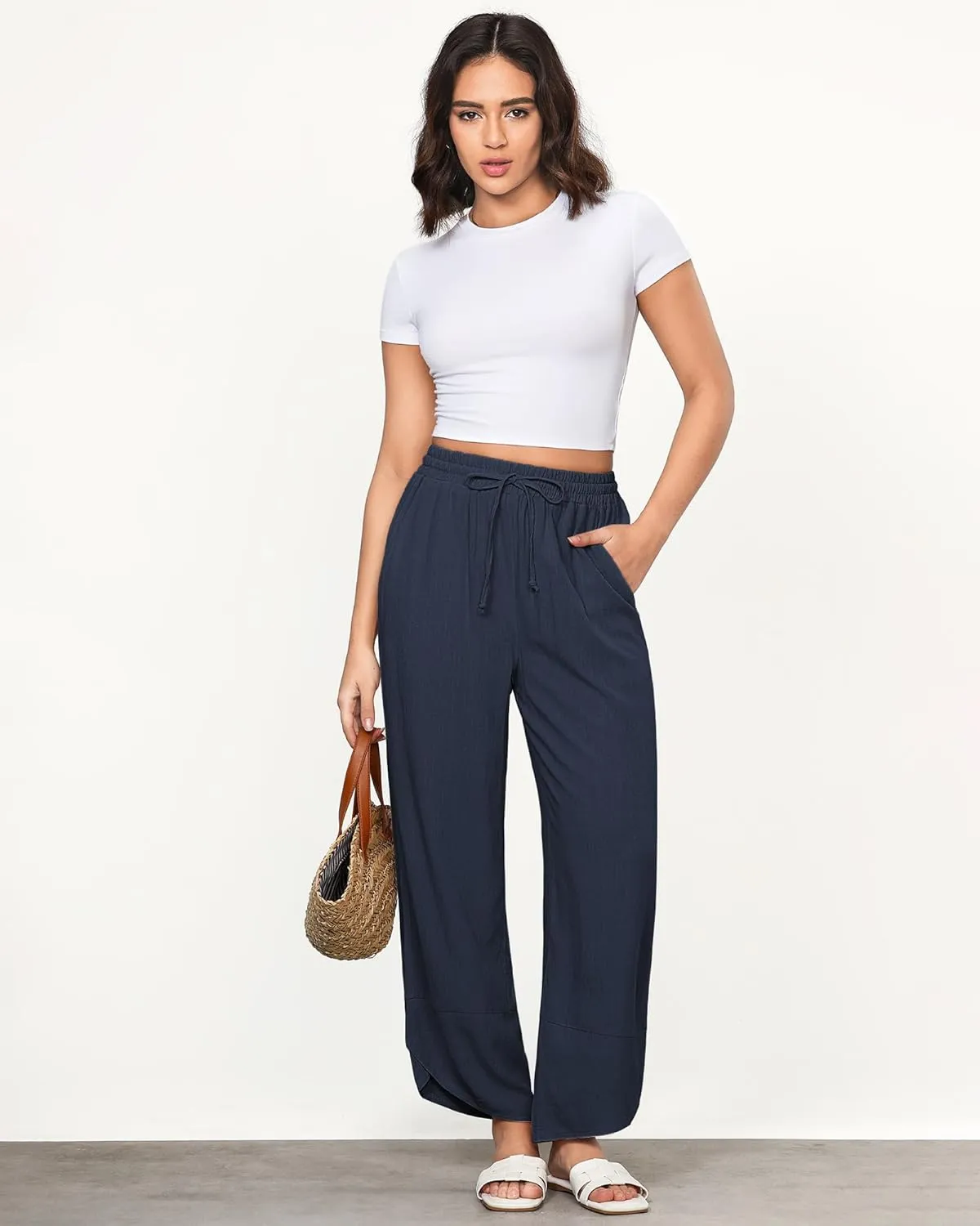 GRAPENT Linen Pants Women High Waisted Wide Leg Casual Beach Pull On Elastic Waist Summer Cropped Pants with Pockets