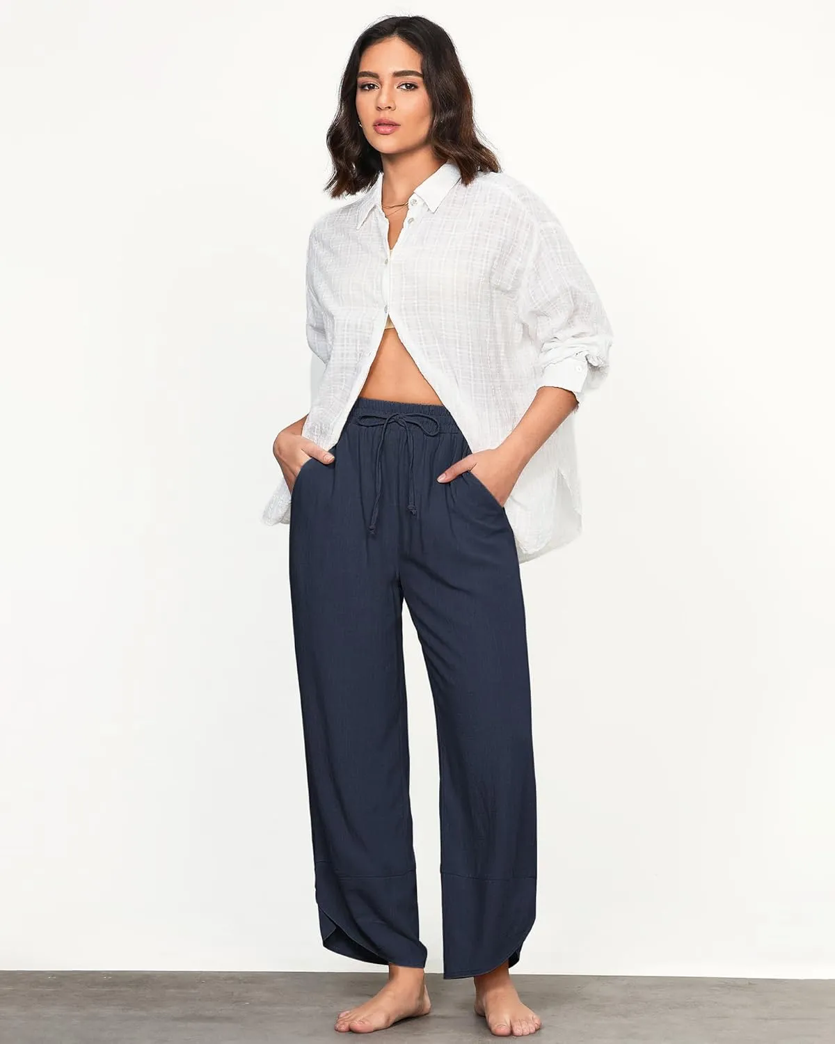 GRAPENT Linen Pants Women High Waisted Wide Leg Casual Beach Pull On Elastic Waist Summer Cropped Pants with Pockets