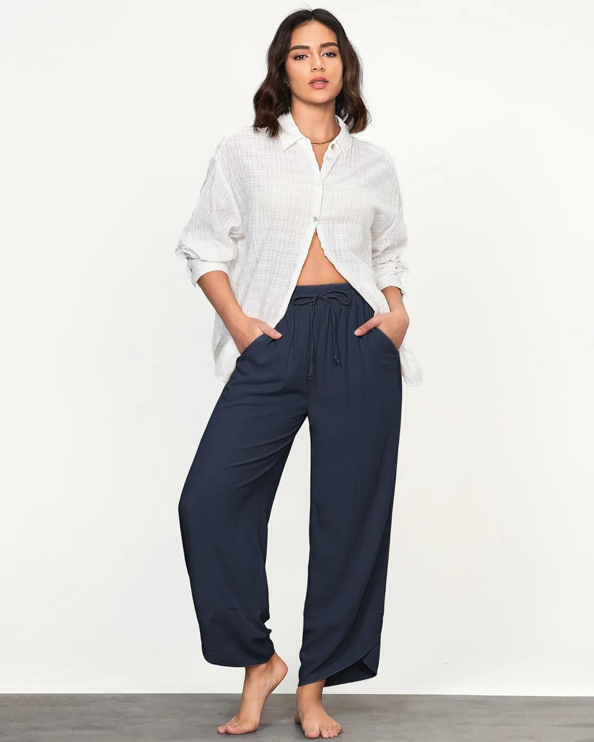 GRAPENT Linen Pants Women High Waisted Wide Leg Casual Beach Pull On Elastic Waist Summer Cropped Pants with Pockets