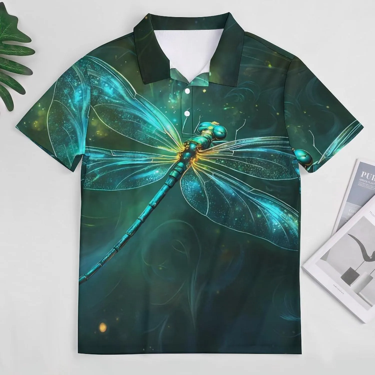 Green Dragonfly Slim Fit Men's Short Sleeve Polo Shirts Quick-Dry Breathable Golf T-Shirt Tops