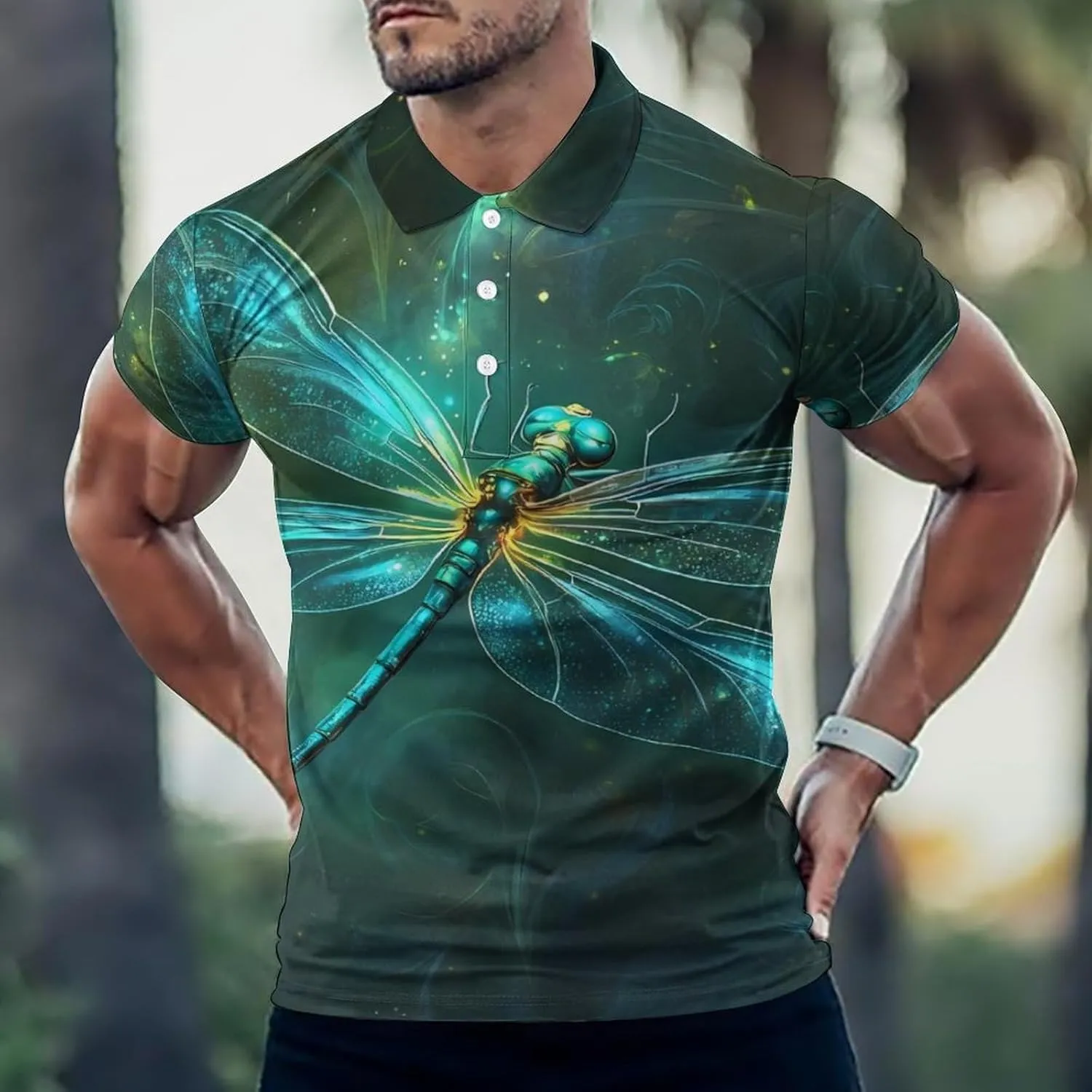 Green Dragonfly Slim Fit Men's Short Sleeve Polo Shirts Quick-Dry Breathable Golf T-Shirt Tops