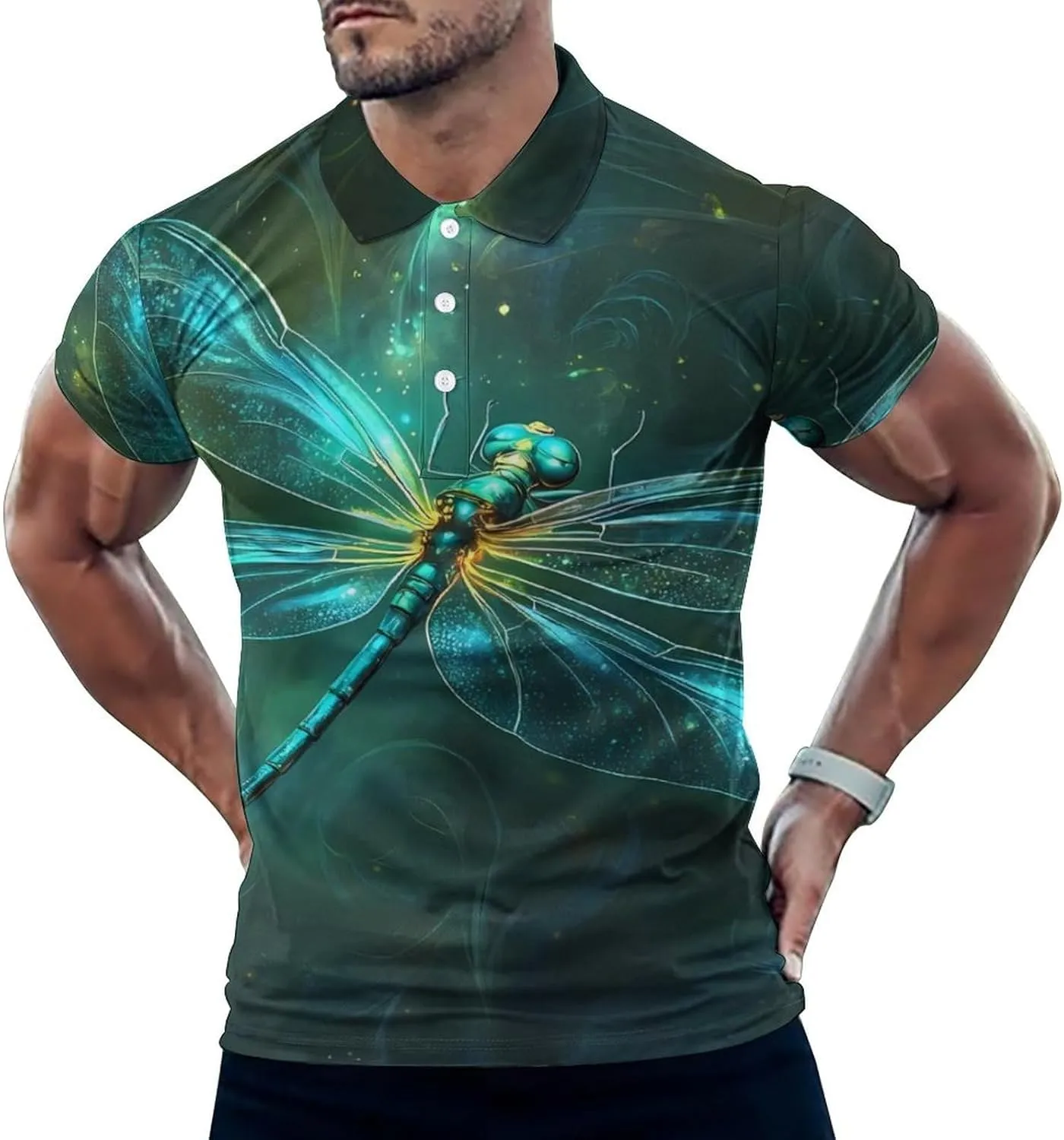 Green Dragonfly Slim Fit Men's Short Sleeve Polo Shirts Quick-Dry Breathable Golf T-Shirt Tops