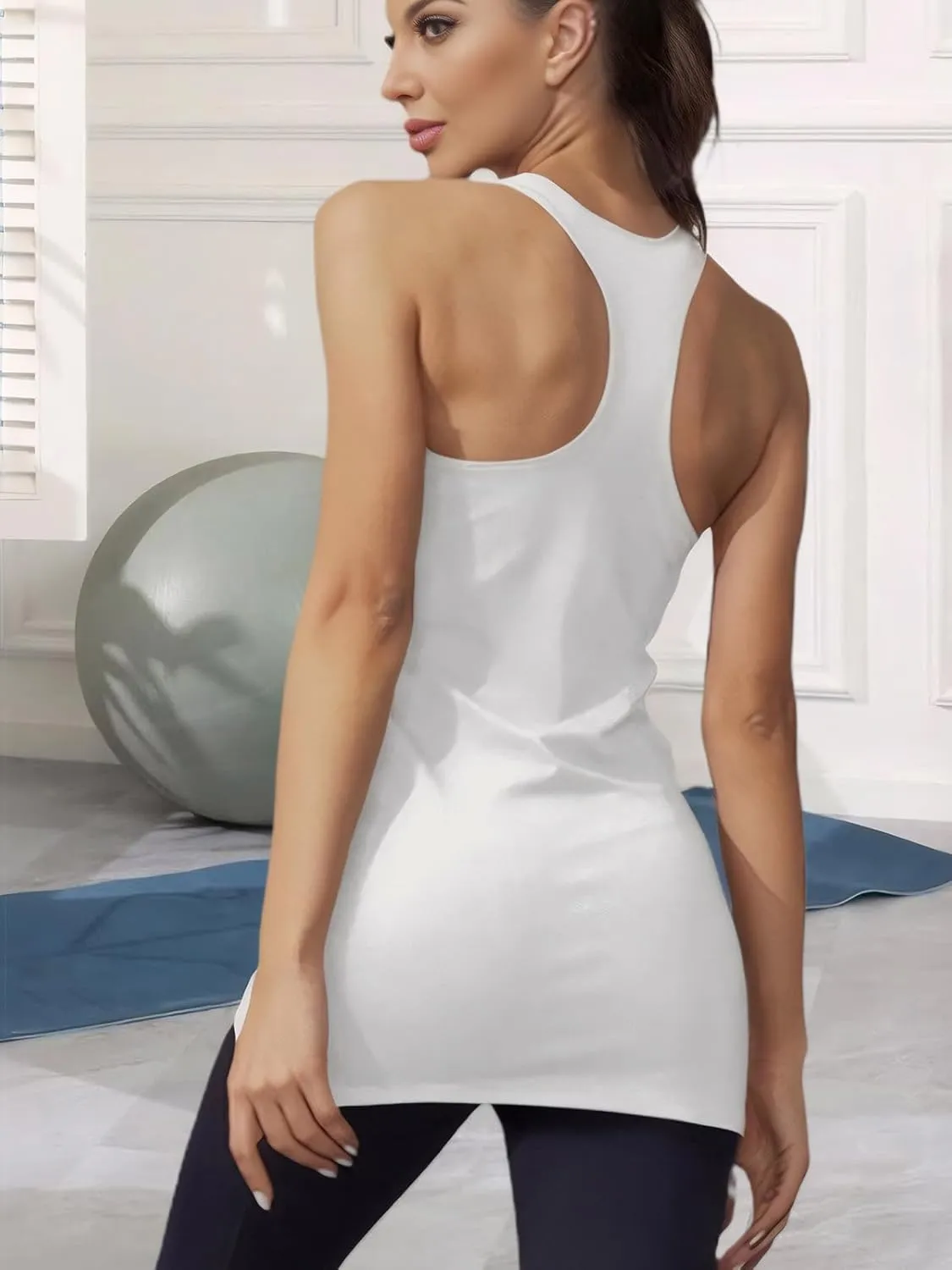 H HIAMIGOS Racerback Long Tank Tops for Women Stretchy Cotton Sleeveless Undershirts Gym Workout Sports Shirts 3 Packs