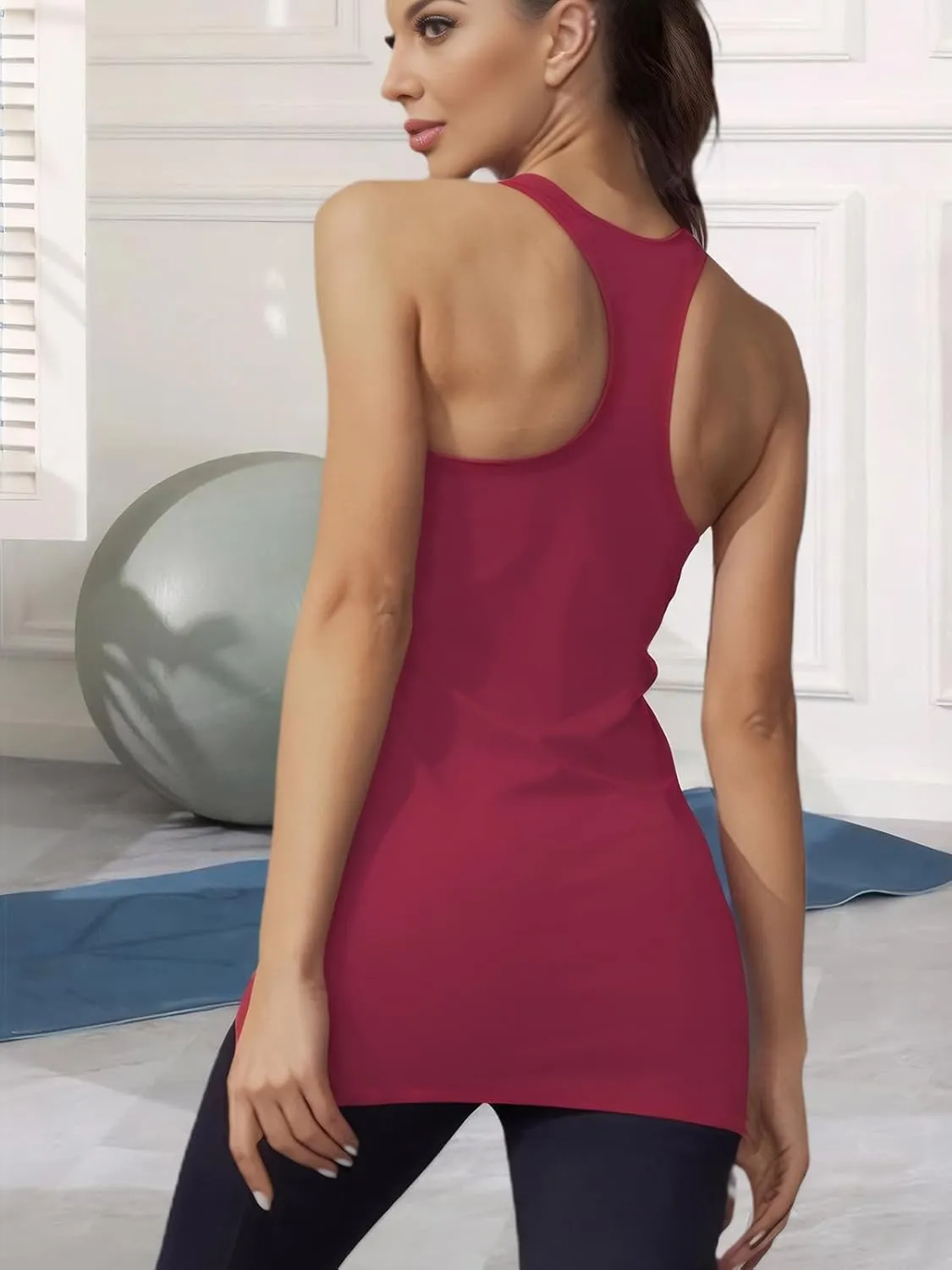 H HIAMIGOS Racerback Long Tank Tops for Women Stretchy Cotton Sleeveless Undershirts Gym Workout Sports Shirts 3 Packs