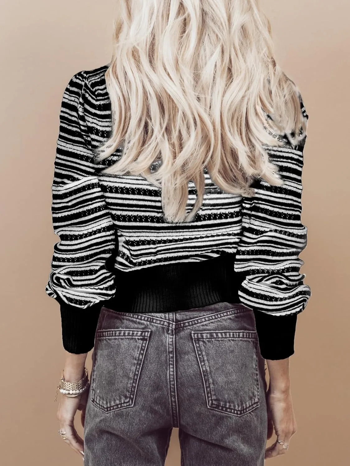 Hacikis Womens Striped Bow Cardigan V Neck Long Sleeve Ribbed Knit Cute Color Block Cropped Y2k Pullover Sweaters