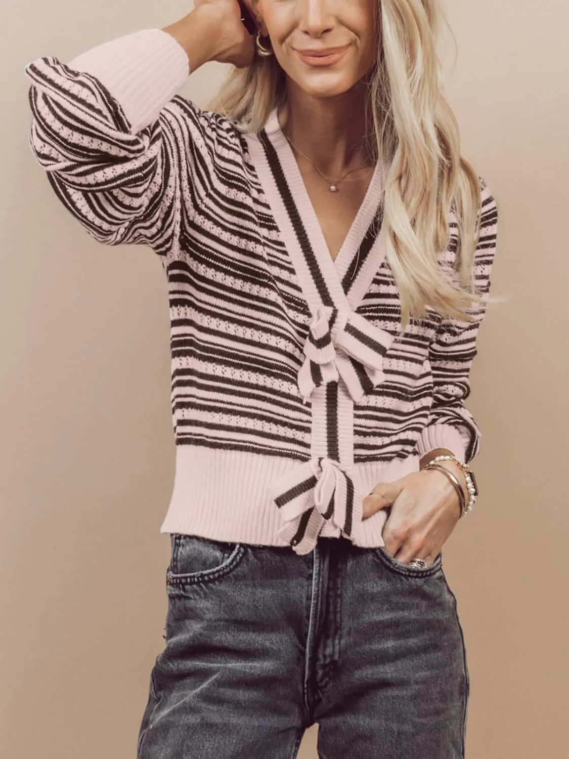 Hacikis Womens Striped Bow Cardigan V Neck Long Sleeve Ribbed Knit Cute Color Block Cropped Y2k Pullover Sweaters