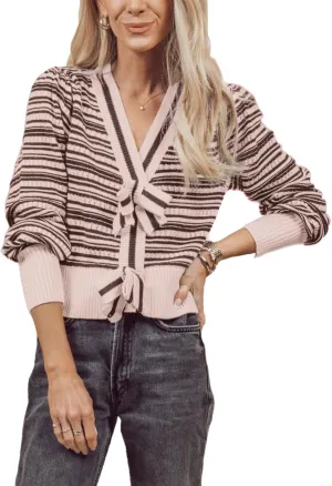 Hacikis Womens Striped Bow Cardigan V Neck Long Sleeve Ribbed Knit Cute Color Block Cropped Y2k Pullover Sweaters