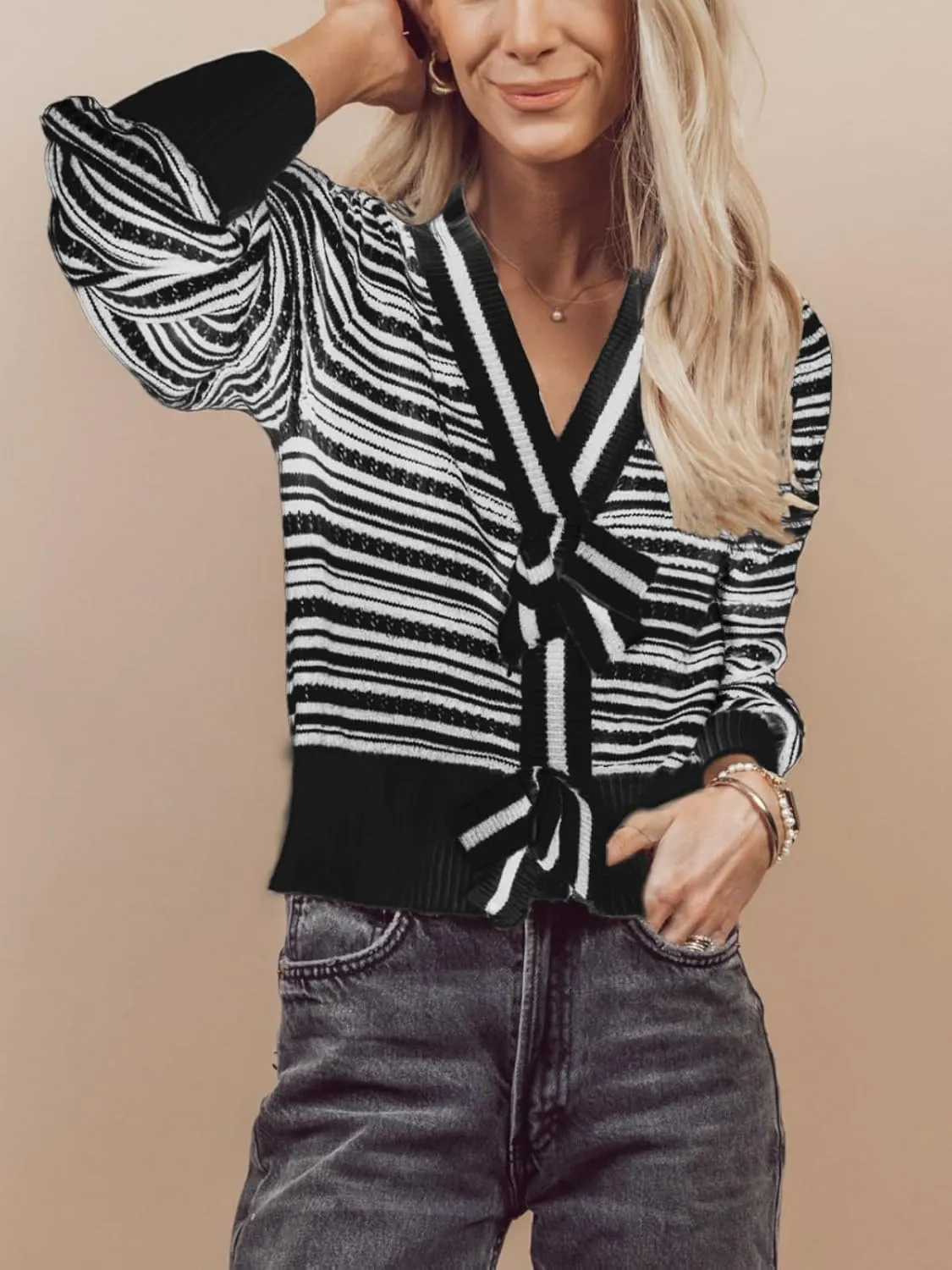 Hacikis Womens Striped Bow Cardigan V Neck Long Sleeve Ribbed Knit Cute Color Block Cropped Y2k Pullover Sweaters