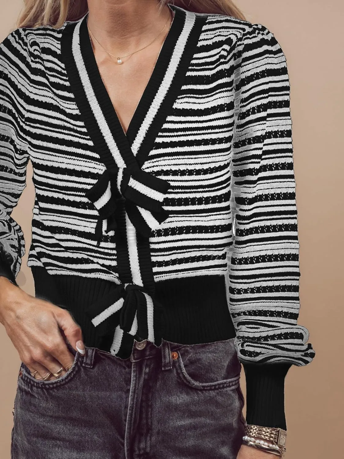 Hacikis Womens Striped Bow Cardigan V Neck Long Sleeve Ribbed Knit Cute Color Block Cropped Y2k Pullover Sweaters