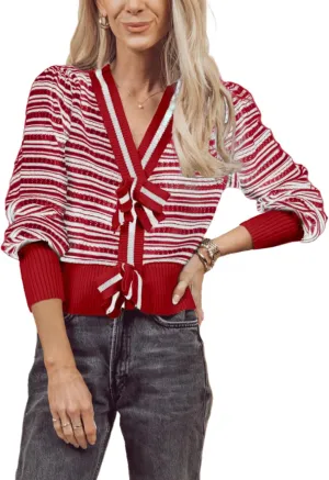 Hacikis Womens Striped Bow Cardigan V Neck Long Sleeve Ribbed Knit Cute Color Block Cropped Y2k Pullover Sweaters